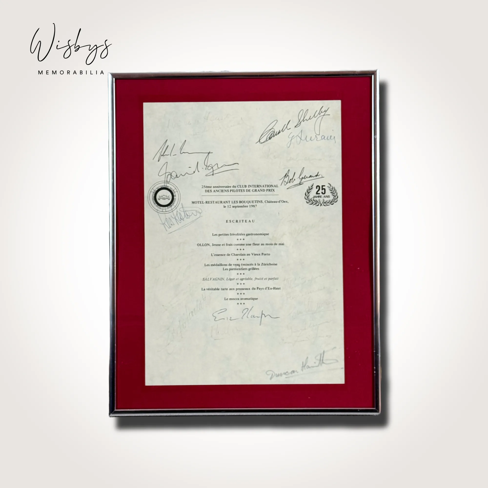 25th Anniversary Grand Prix Drivers Menu - 22 Signatures Including Fangio, Shelby and more